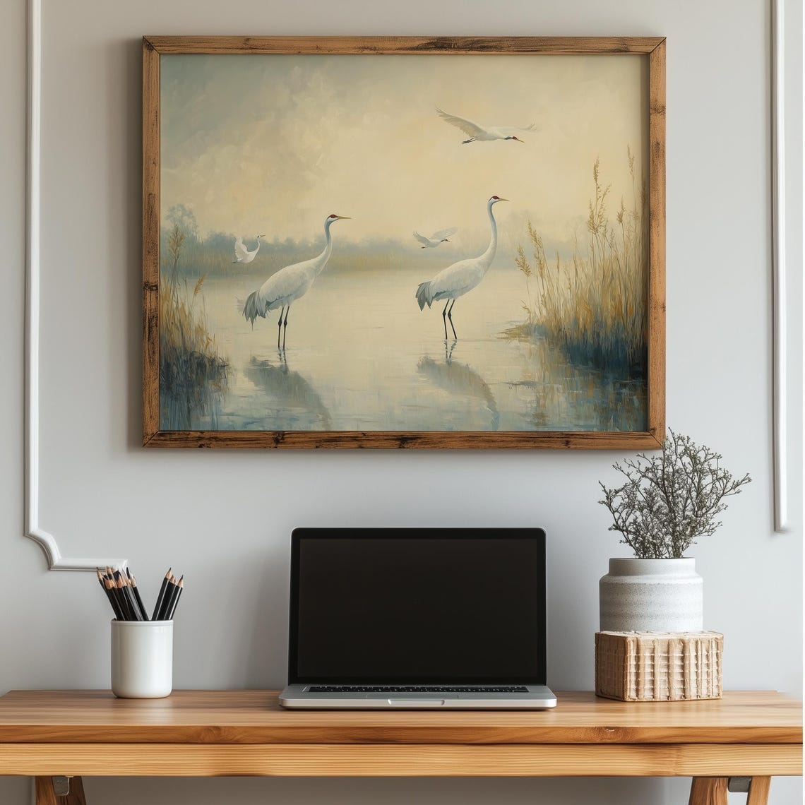 White Cranes in a Misty Wetland Elegant Bird Painting Poster