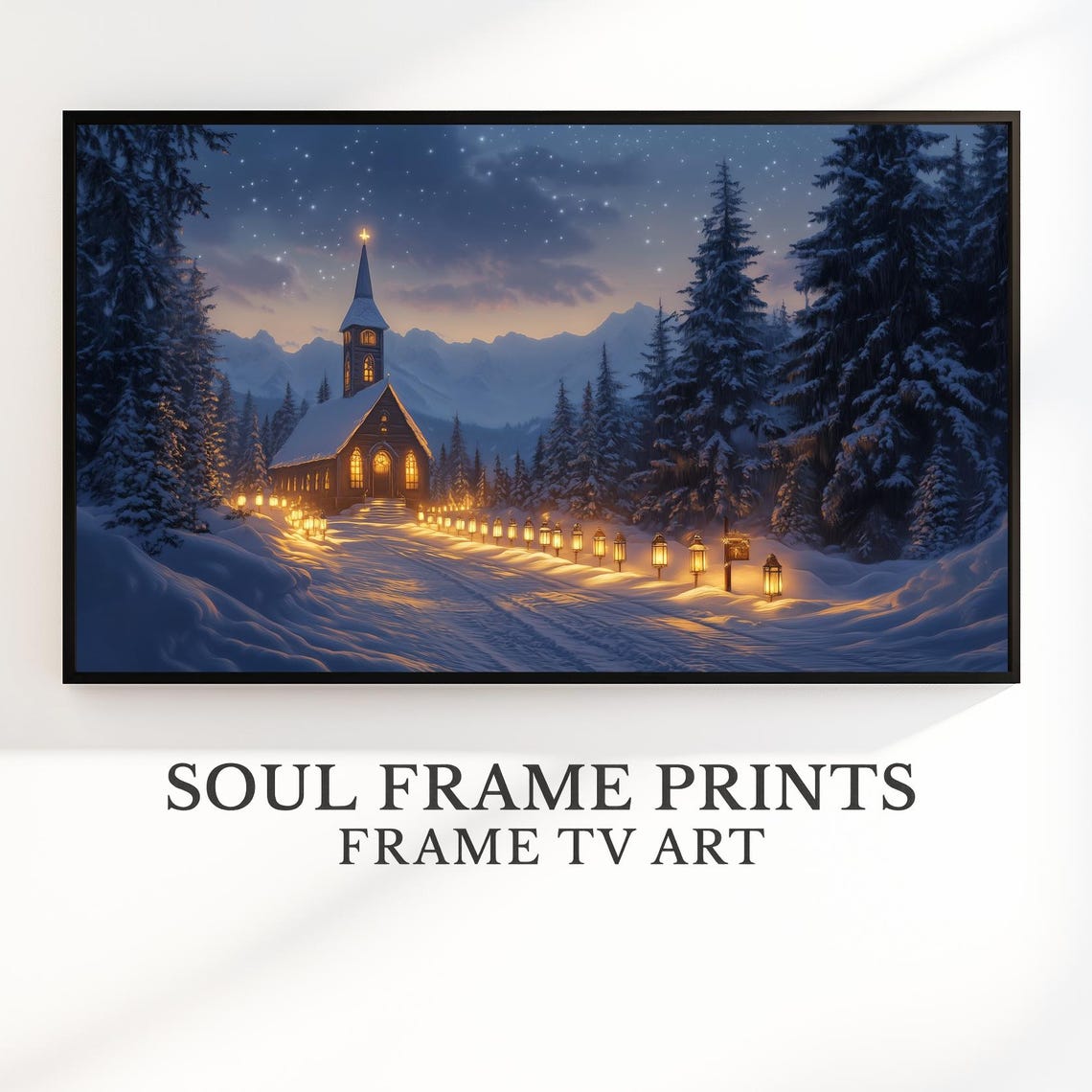 Christmas Mountain Chapel at Night with Glowing Lanterns Poster