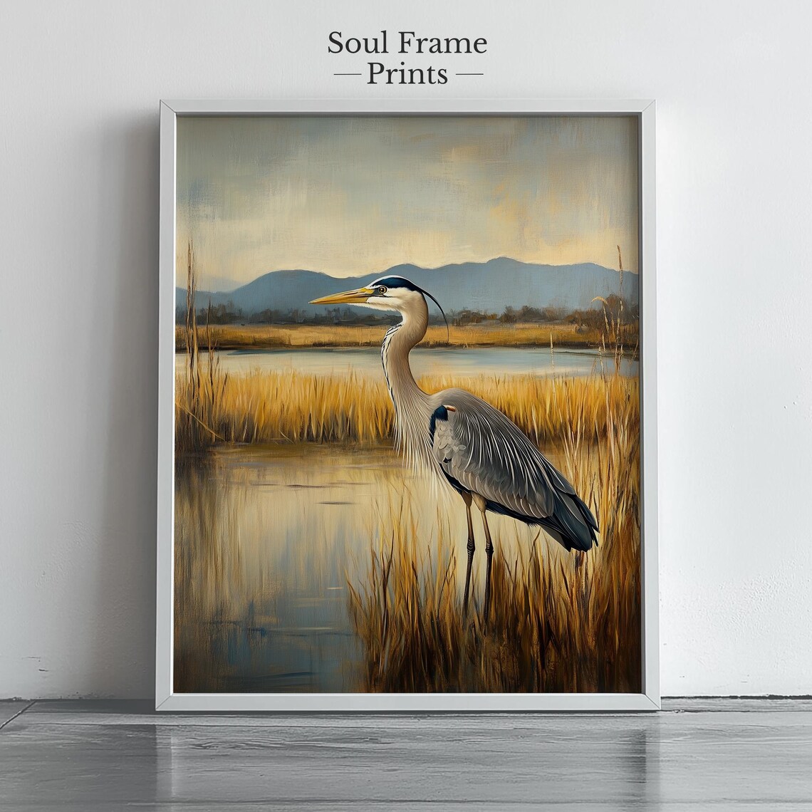 Great Blue Heron Marsh Wildlife Wall Art Golden Wetland Morning Scene
