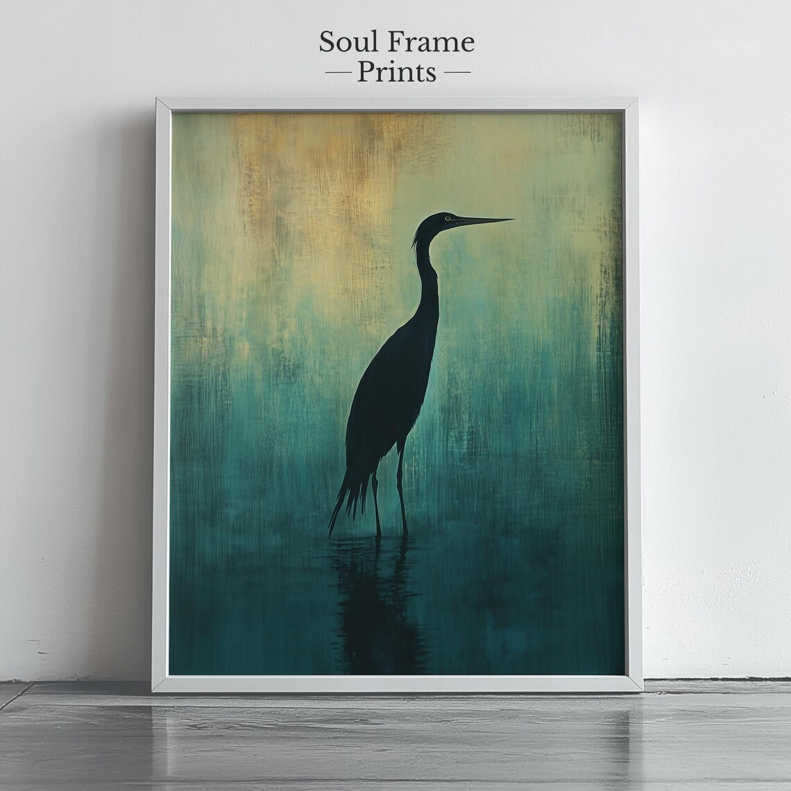 Heron Silhouette Standing In Teal Water Modern Boho Art Poster