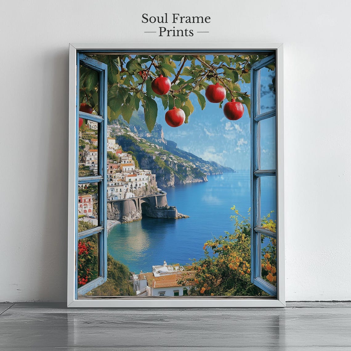 Amalfi Coast Open Window View Painting Italian Seaside Wall Art