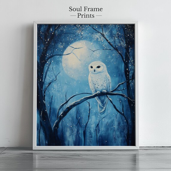 Snowy Owl Perched Under Full Moon In Winter Forest Night Poster
