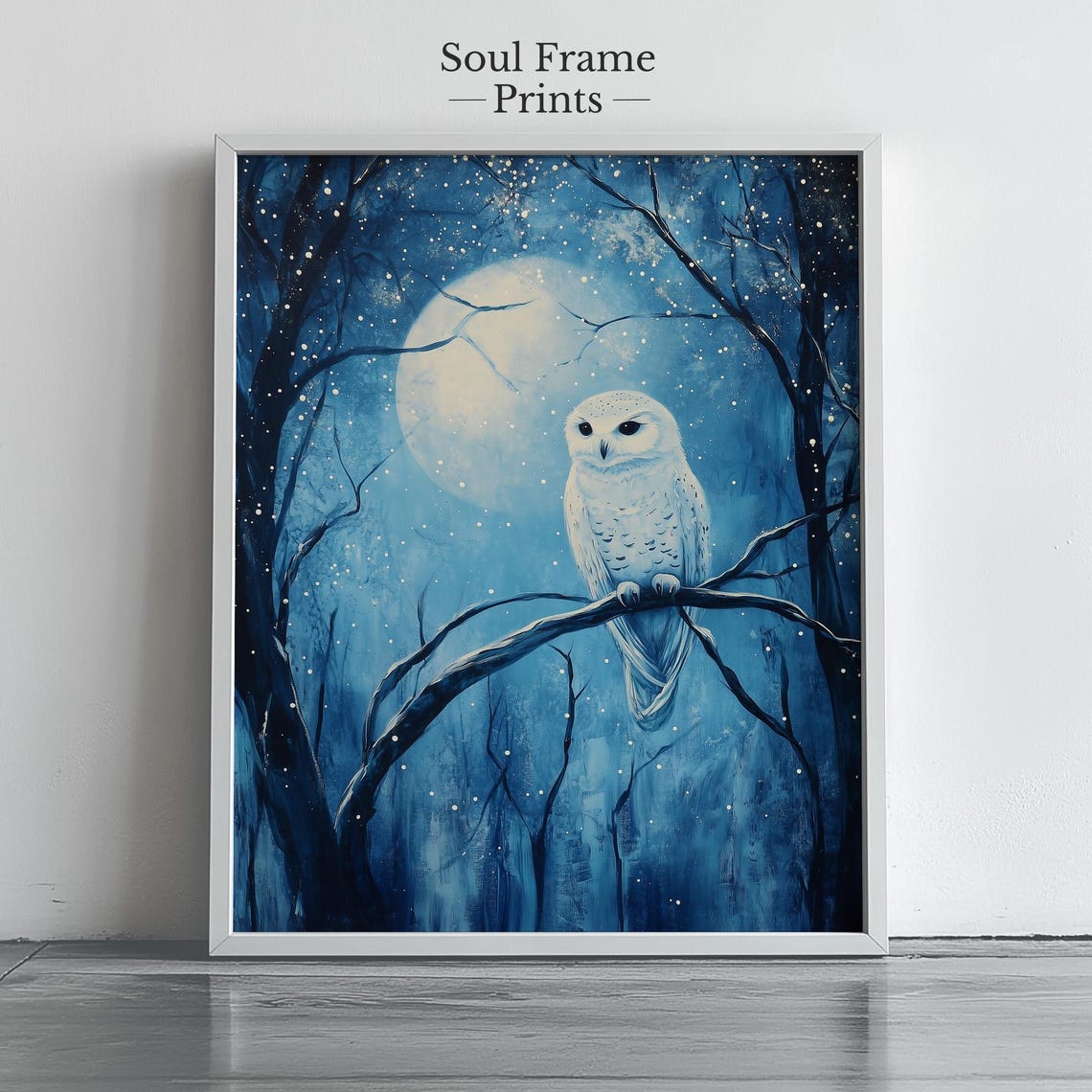 Snowy Owl Perched Under Full Moon In Winter Forest Night Poster