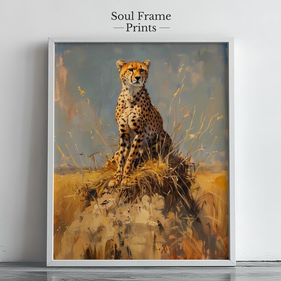 Majestic Cheetah On Sunlit Termite Mound Wildlife Art Rustic Nature Decor Animal Landscape Wall 567