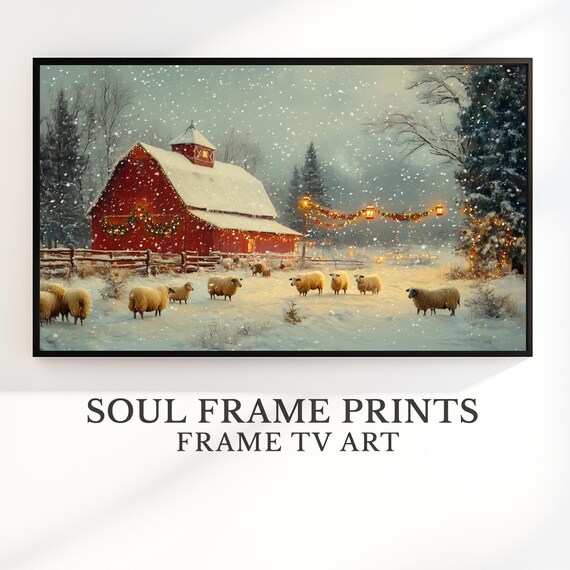 Red Barn in Snowfall with Sheep Rustic Winter Farm Christmas Art Poster