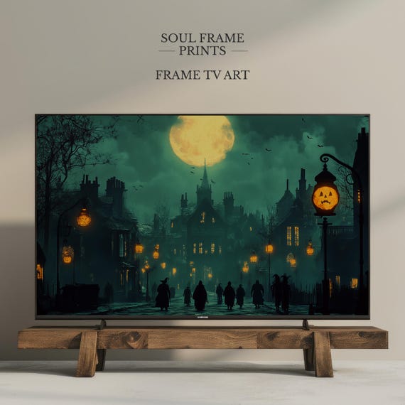 Halloween Village Frame Tv Art Vintage Spooky Street Scene For Samsung Full Moon Gothic Wall Display 14