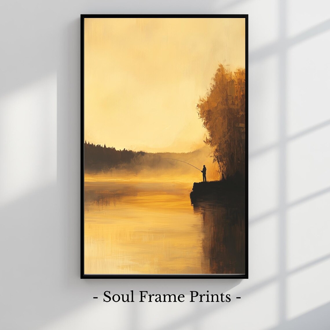 Misty Sunrise Lake Fisherman Silhouette Golden Oil Painting Poster