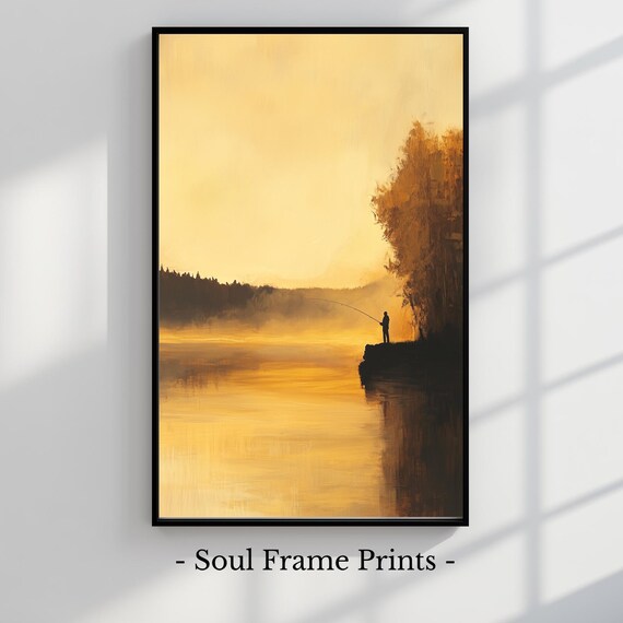 Misty Sunrise Lake Fisherman Silhouette Golden Oil Painting Poster