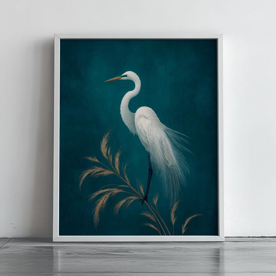 White Egret Wall Art Elegant Bird Illustration Coastal Decor Modern Nature Artwork Nordic Minimalist Heron