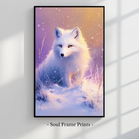 Arctic Fox In Snowy Landscape Winter Animal Art Print Moody Cold Season Nature Decor Wall Rustic Wildlife Painting 498