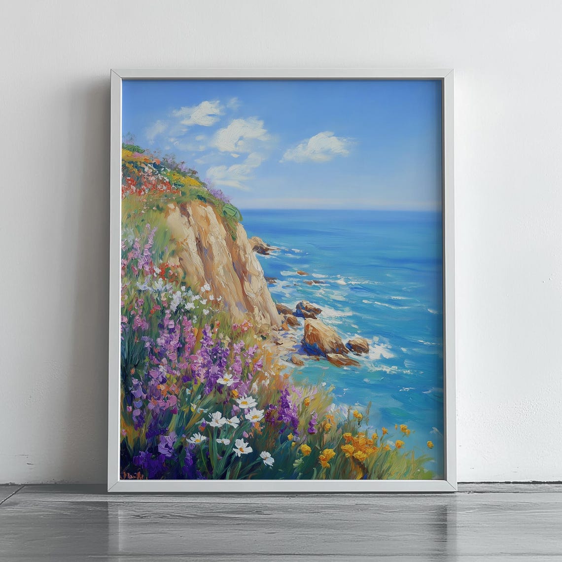 Wildflower Covered Coastal Cliffs Blue Ocean Oil Painting Poster