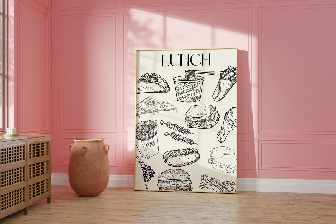 Lunch Food Sketch Black Line Art Kitchen Decor Cafe Menu Poster - Image 4