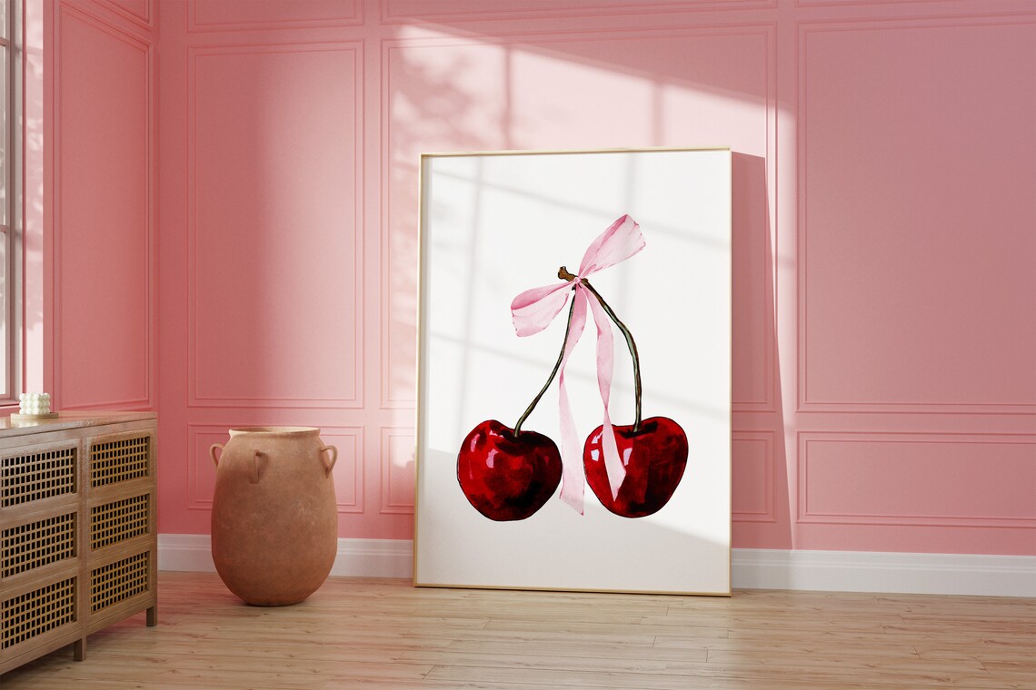 Cherry Bow Print, Coquette Bedroom Decor Art Print - Image 3