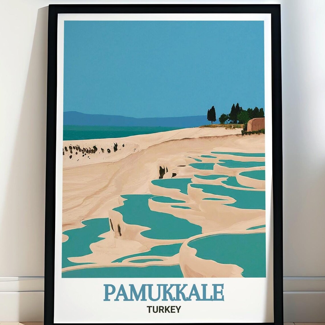 Pamukkale Turkey Poster with Thermal Terraces in Retro Graphic Style