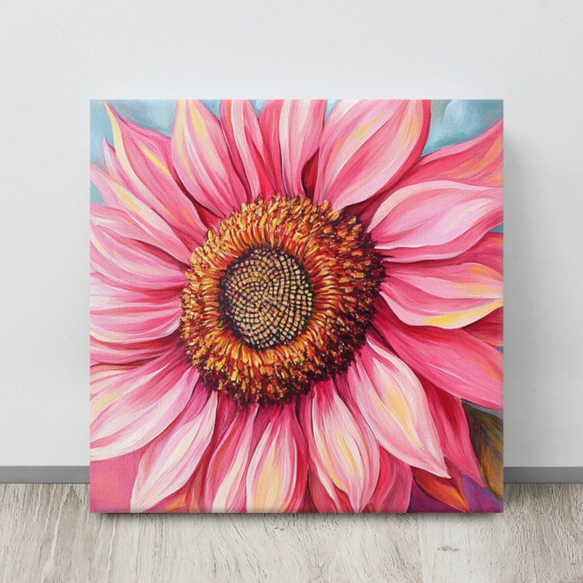 Pink Sunflower Bloom Bold Petals Blue Sky Painting Art Poster