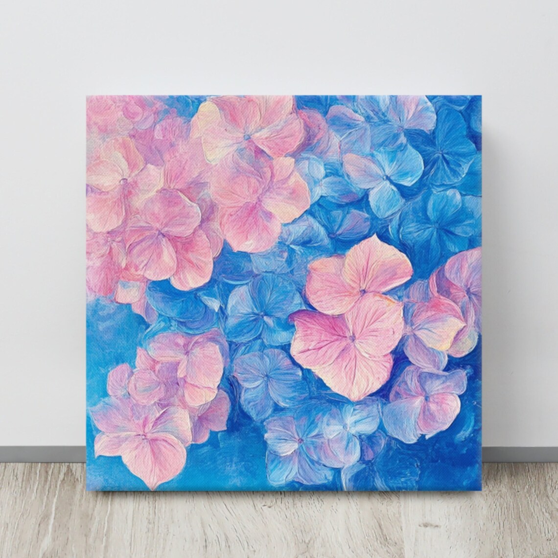 Pink Blue Hydrangea Blossom Close-Up Oil Painting Floral Poster
