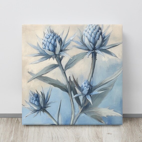 Blue Sea Holly Thistle Painterly Coastal Botanical Art Poster