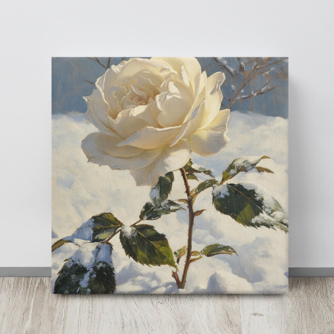 Snowy White Rose Print Painting Print Flower Art Rose Painting Living Room Art Winter Wall Art White Aesthetic Home Decor