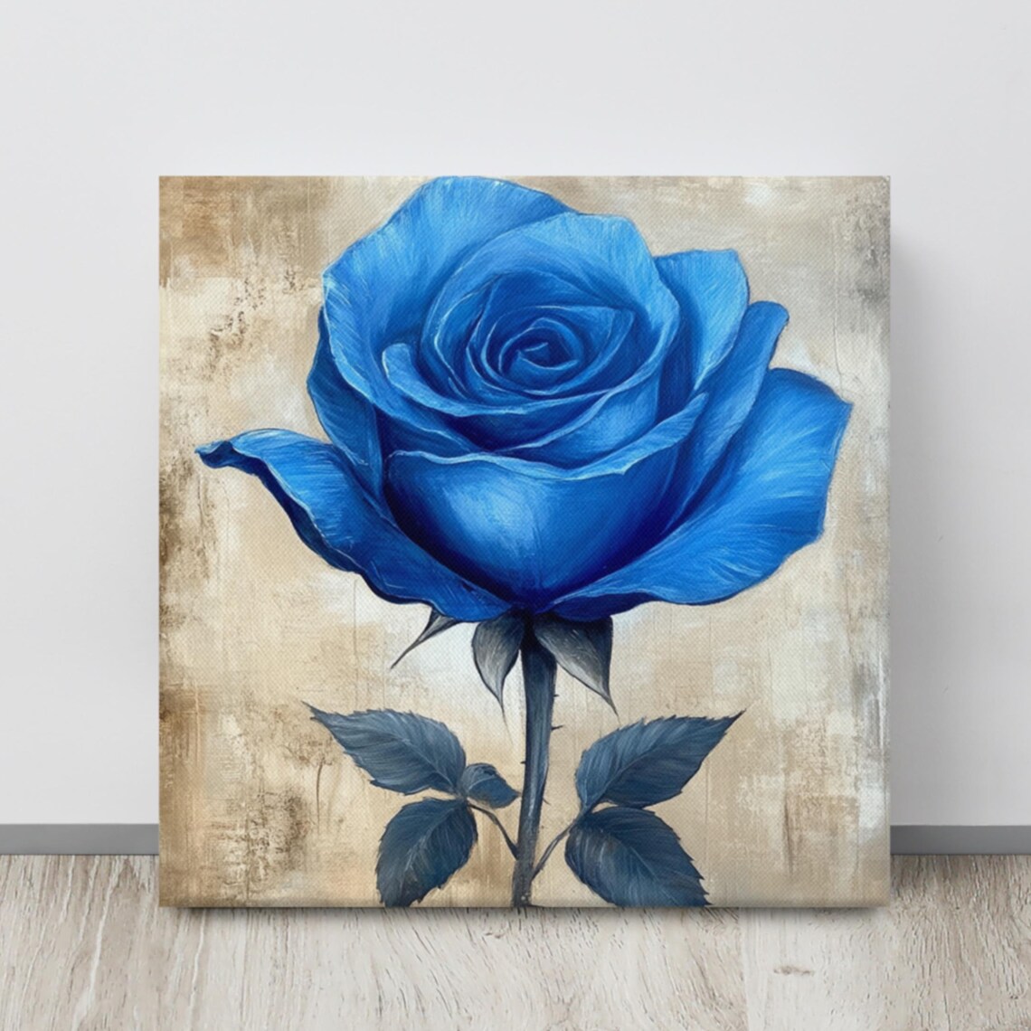 Blue Rose Single Bloom Vintage Beige Backdrop Floral Painting Print