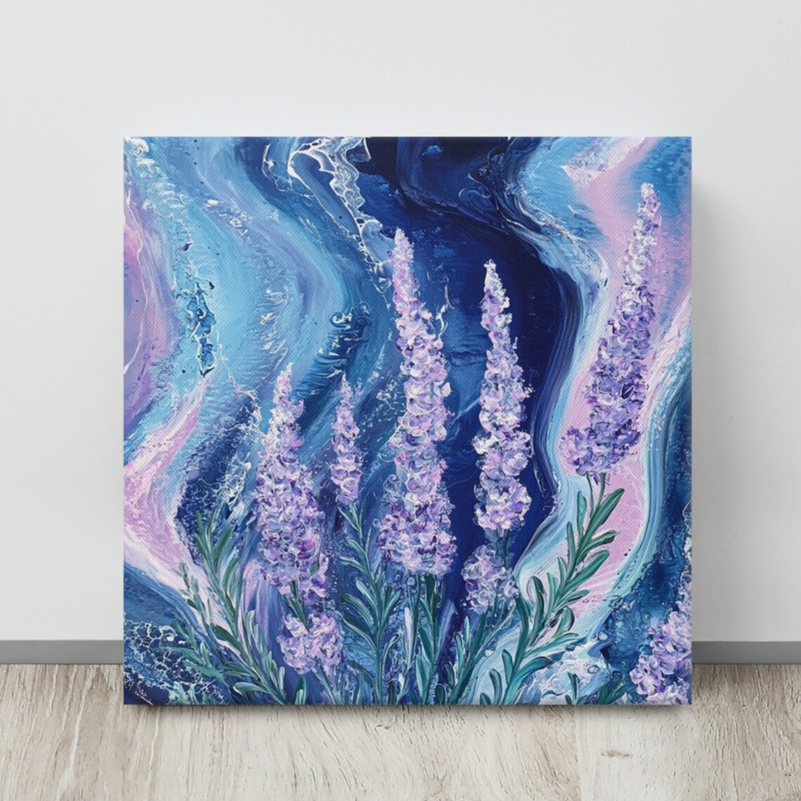 Purple Lavender Stalks Blue Abstract Swirl Oil Painting Poster