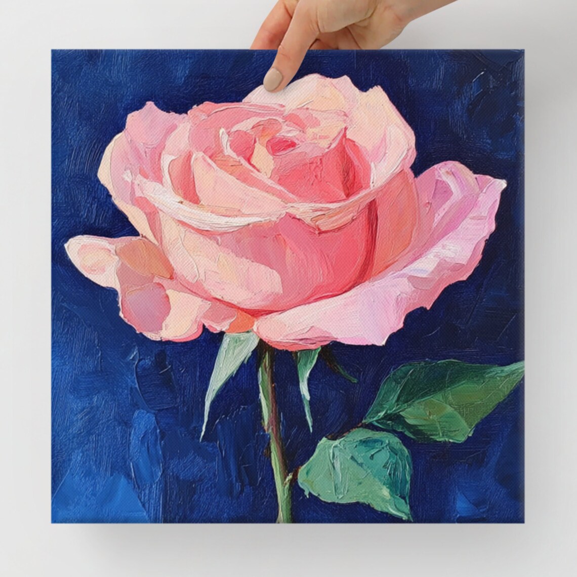 Pink Rose Bloom Impasto Navy Blue Background Painting Art Poster