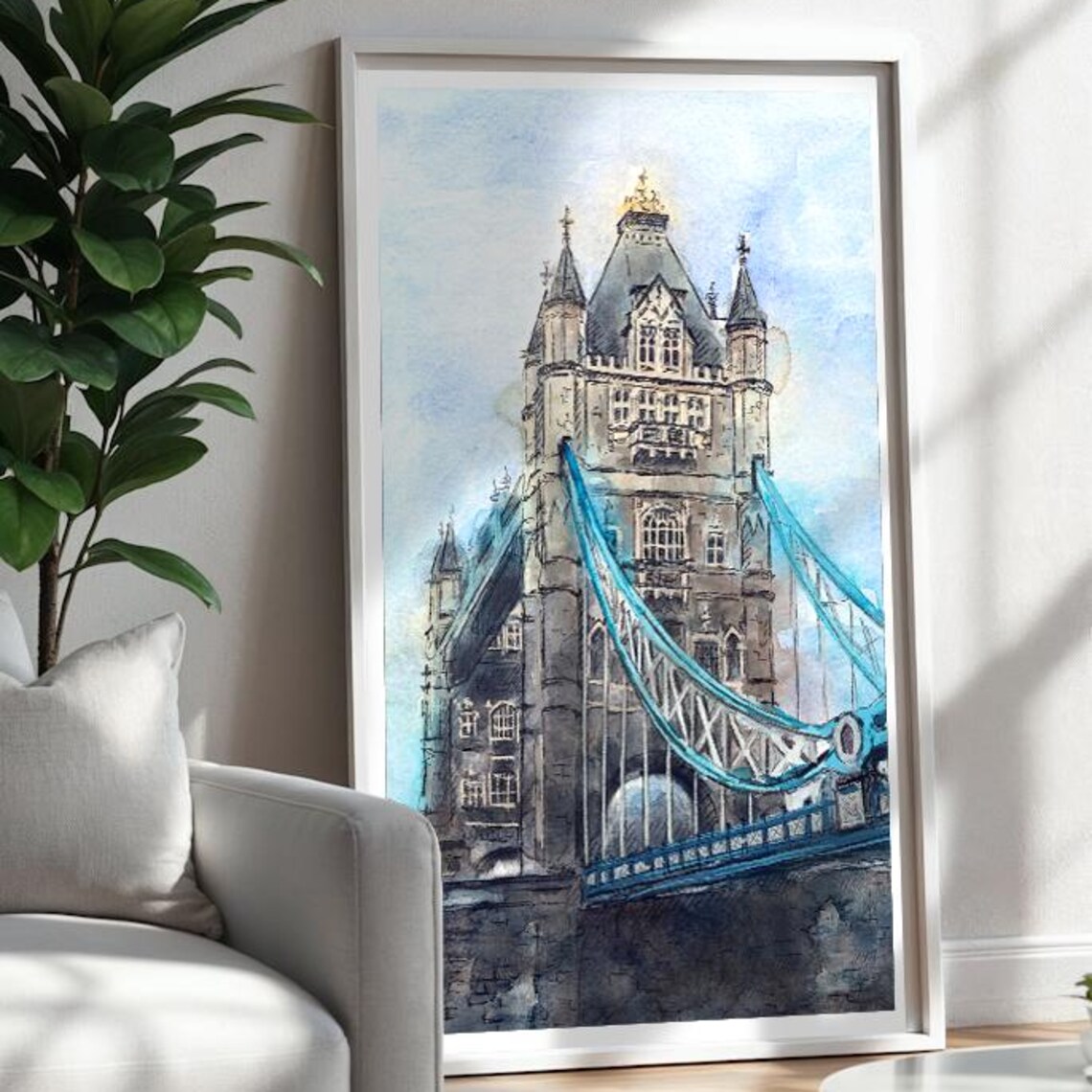 London Tower Bridge Watercolor Sky Blue Suspension Iconic Thames Poster