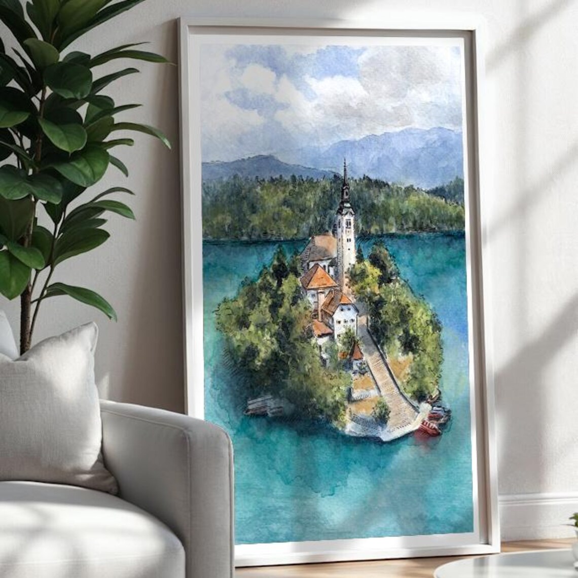 Lake Bled Slovenia Island Church Turquoise Lake Mountain Watercolor Poster