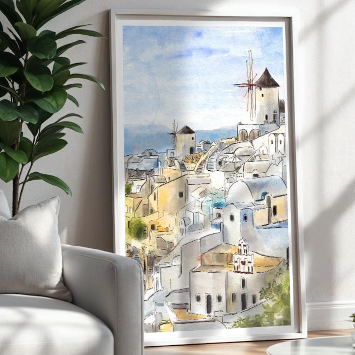 Mykonos Greece Windmills Watercolor Mediterranean Travel Poster