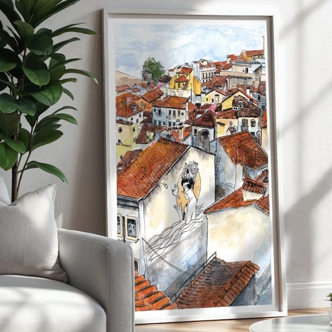 Lisbon Alfama Terracotta Rooftops Watercolor Portugal Travel Poster