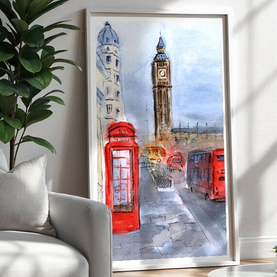 London Big Ben Red Telephone Box Double Decker Bus Watercolor Poster