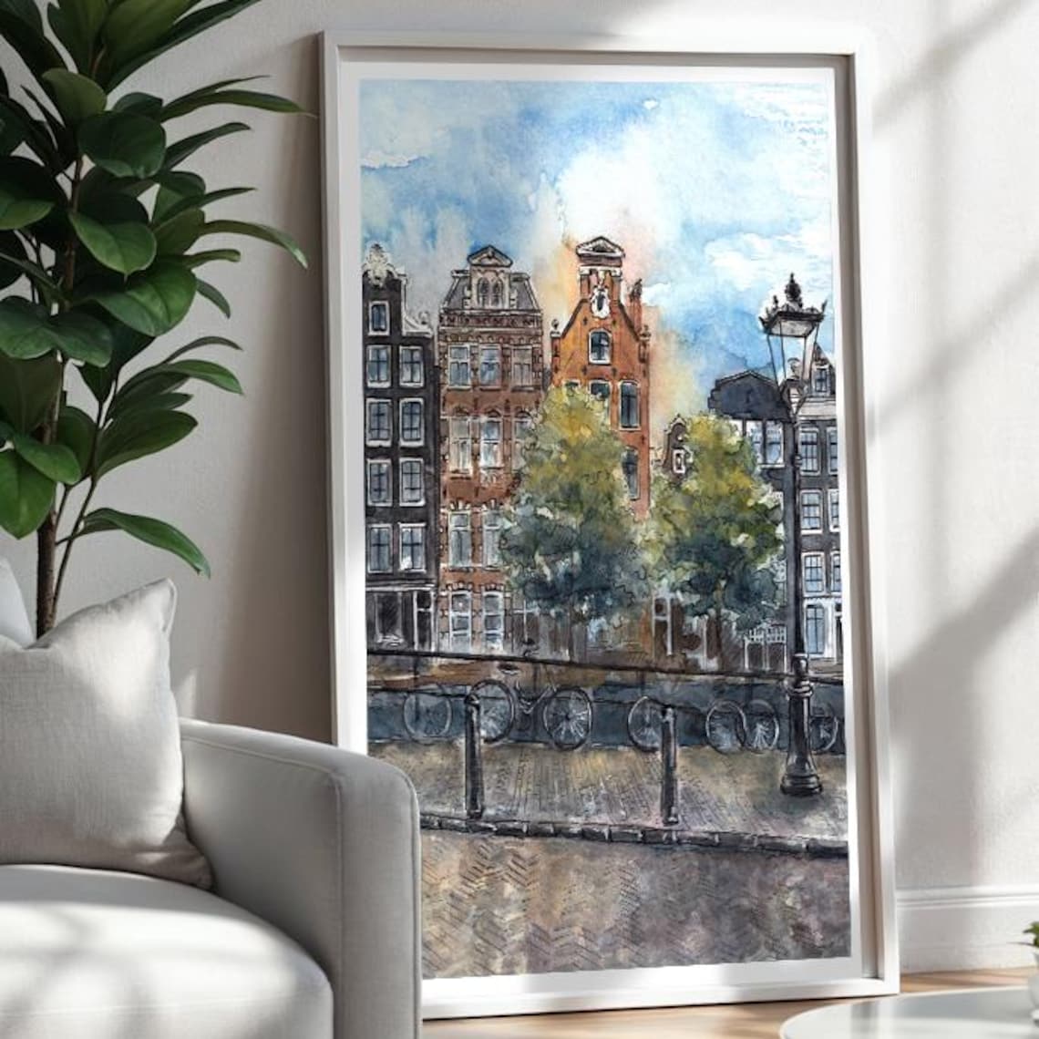 Amsterdam Canal Houses Watercolor Holland Bicycles Travel Art Poster