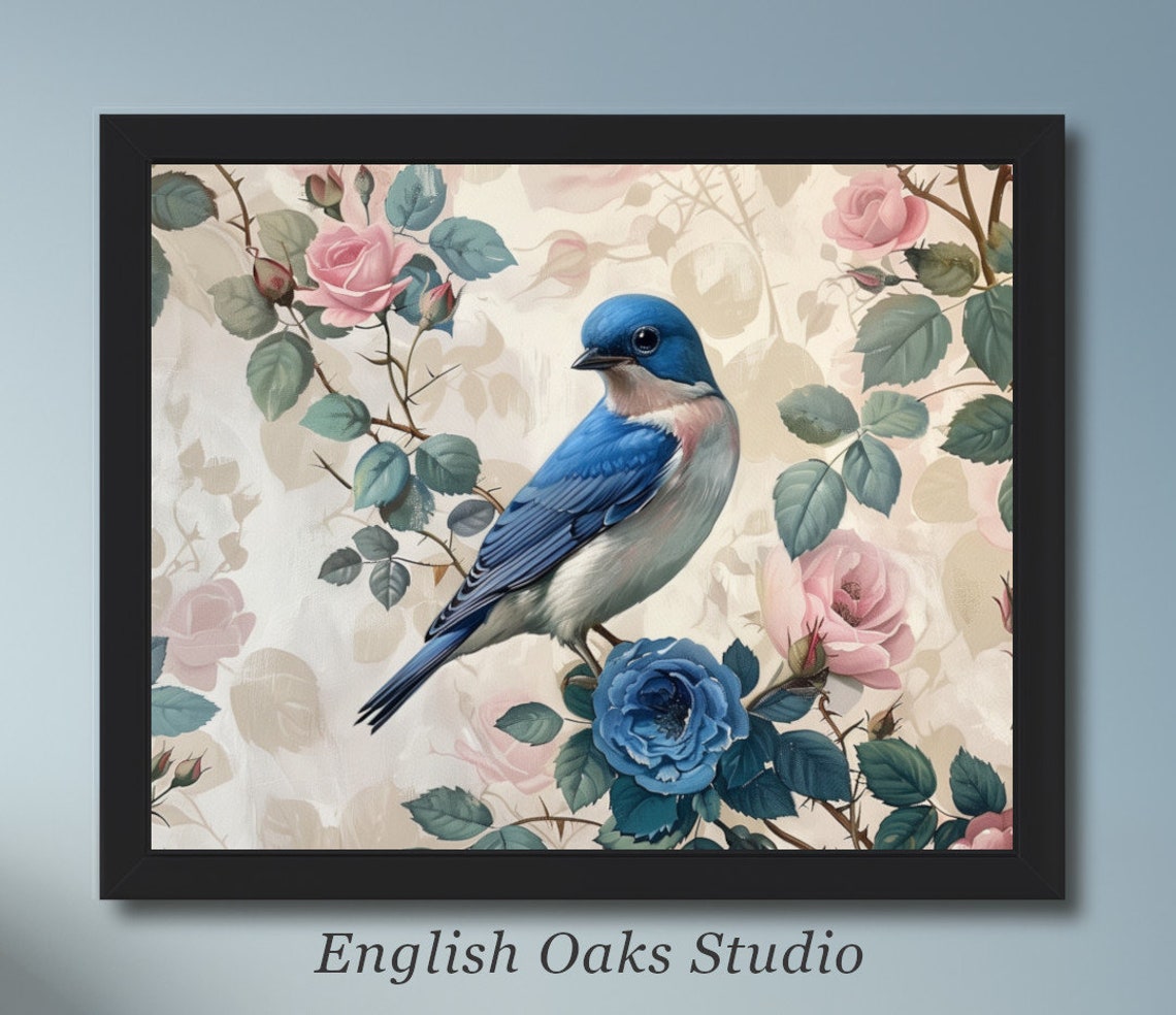 Bluebird Perched Among Pink and Blue Roses Vintage Art Poster