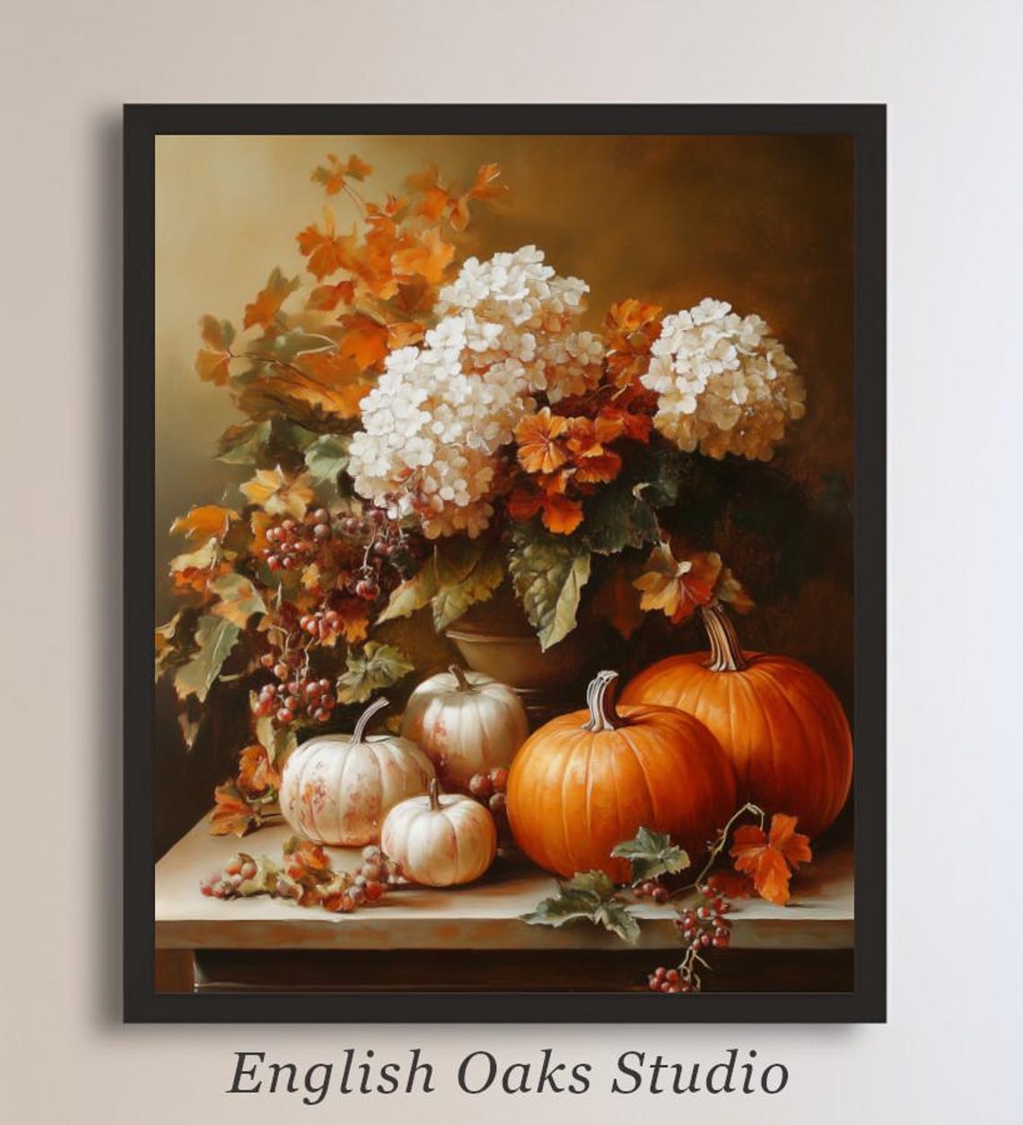 Orange And White Pumpkins With Hydrangeas Fall Still Life Poster