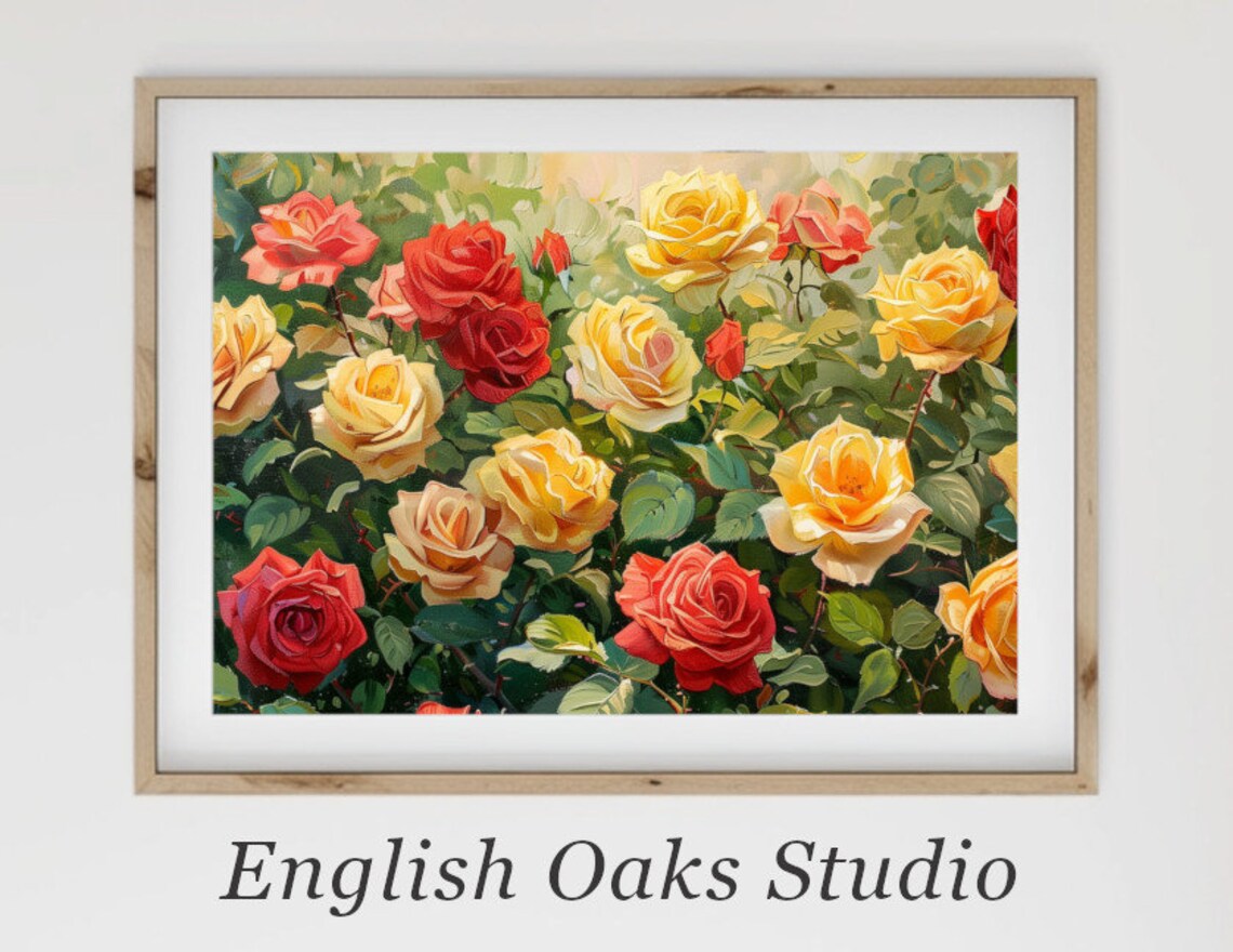 Yellow Red Roses Sunlit Garden Painting Golden Crimson Blooms Poster