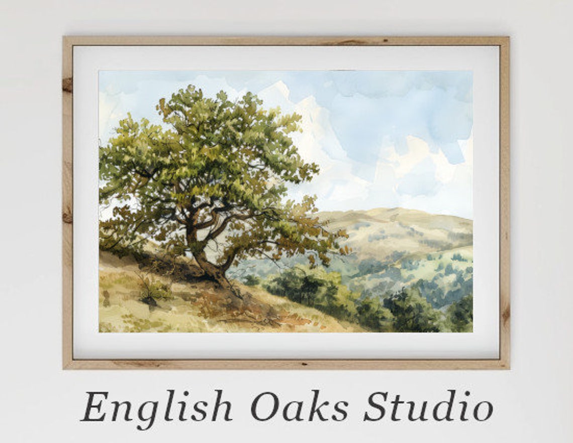 Leaning Tree on a Sunny Hill Overlooking Green Valley Poster