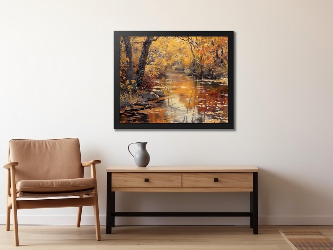 Golden Autumn River Forest Vintage Oil Painting Fall Landscape Art Poster - Image 2