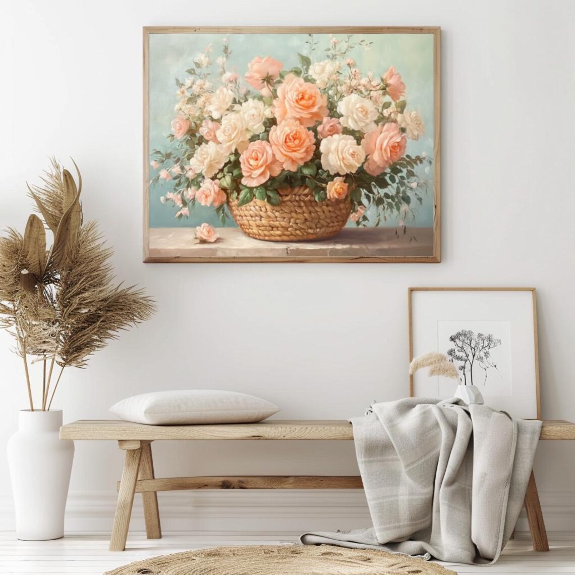 Sweet Blush Pink And White Roses Overflowing Woven Basket Poster - Image 2