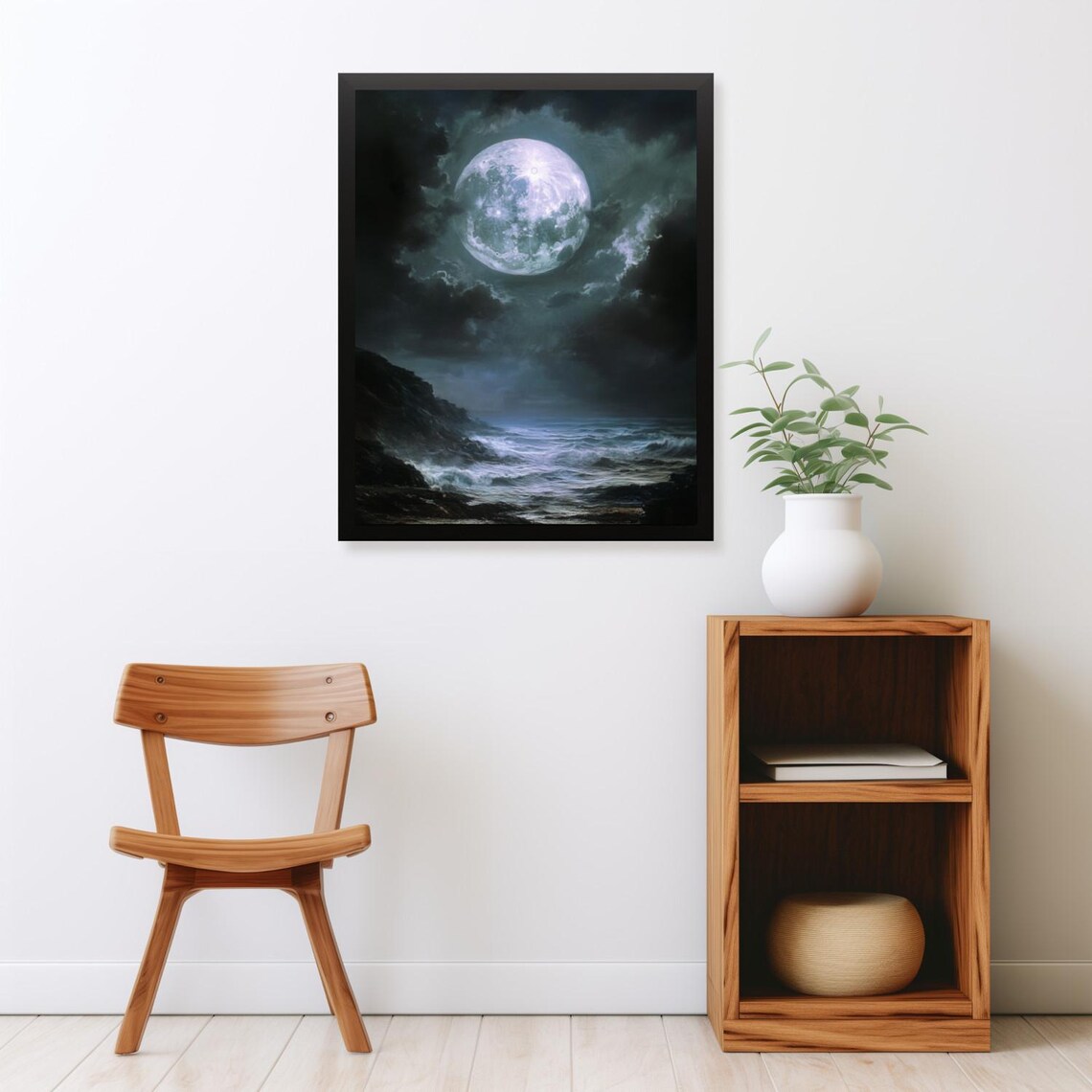Giant Glowing Full Moon Over Rocky Ocean Coast Storm Night Poster - Image 2