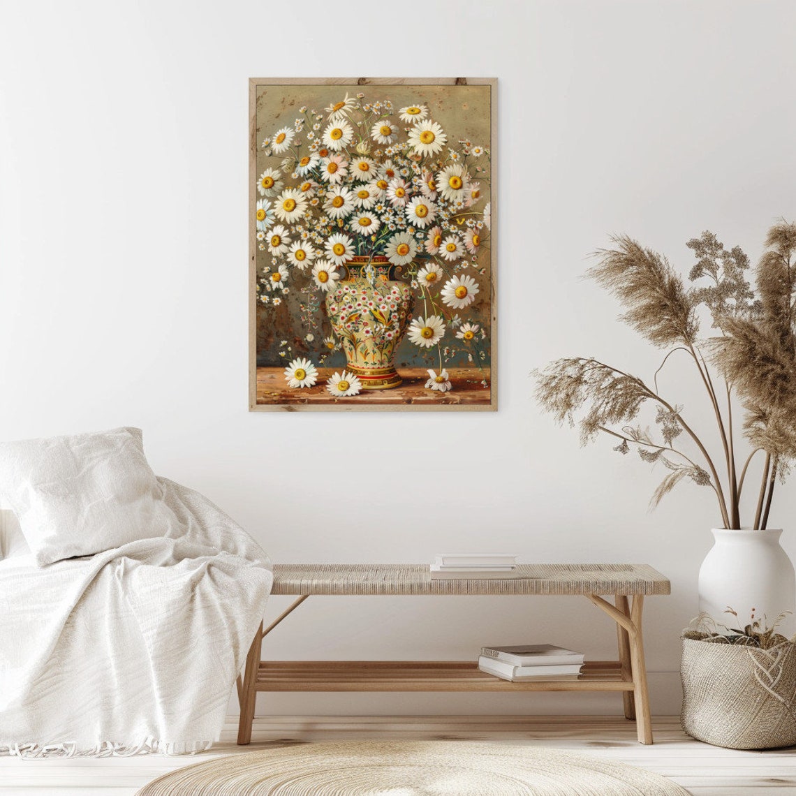 White Daisies in Ornate Painted Vase Vintage Still Life Poster - Image 2