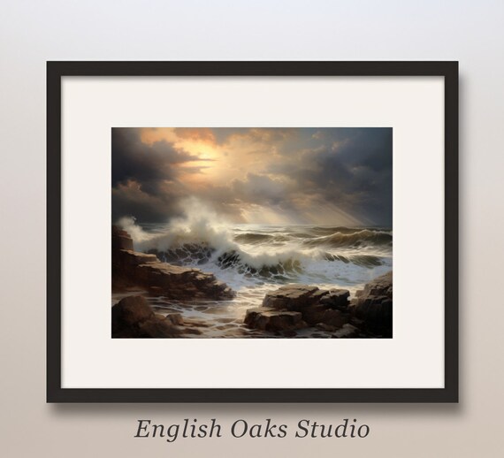 Dusk Ocean Waves Crashing on Rocks Dramatic Oil Painting Poster