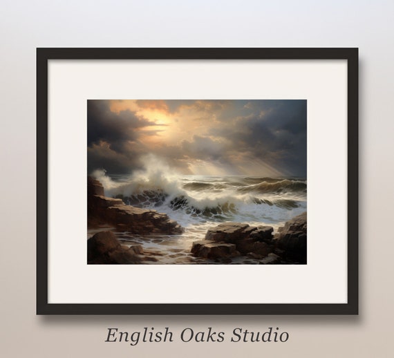 Vintage Dusk Ocean Waves Painting Moody Seascape Wall Art