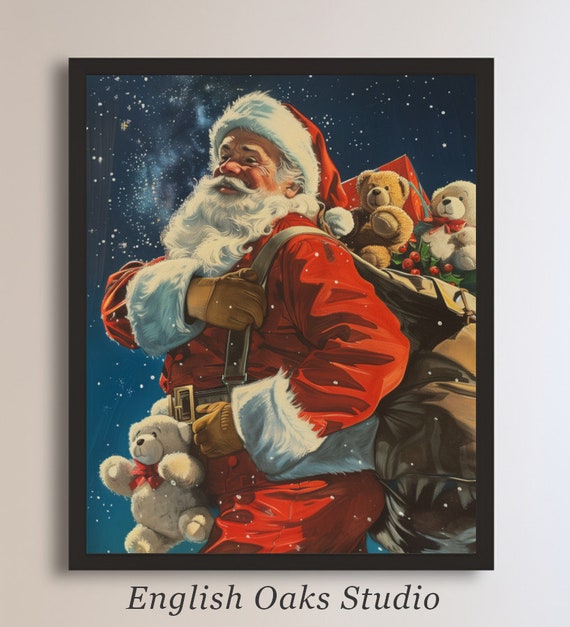 Vintage Christmas Santa Big Sack Presents Painting Moody Cottagecore Santa Winter Holidays Decor Wall Art Dark Academia Christmas Winter