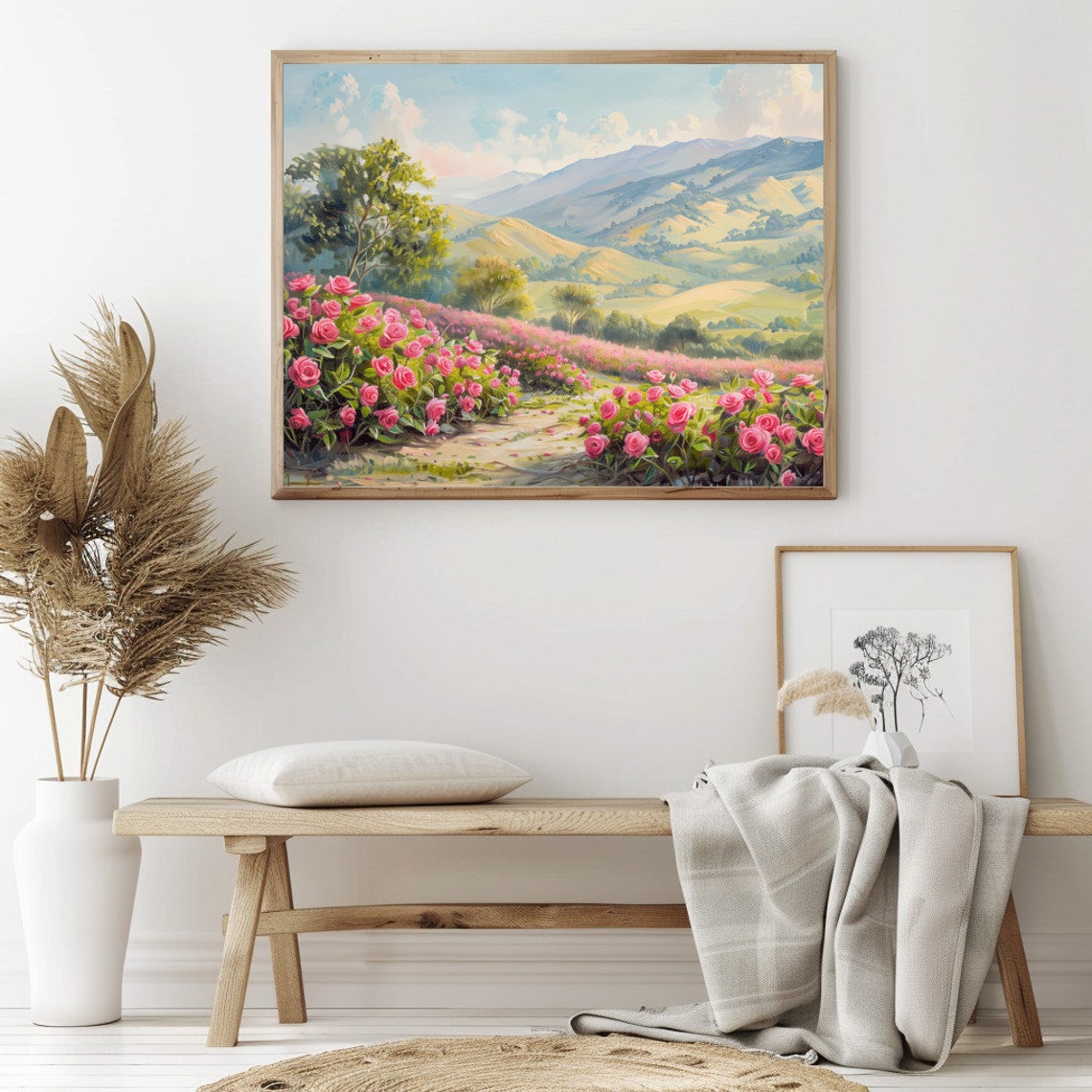 Rose Garden With Pink Blooms And Soft Rolling Hills Landscape Poster - Image 2