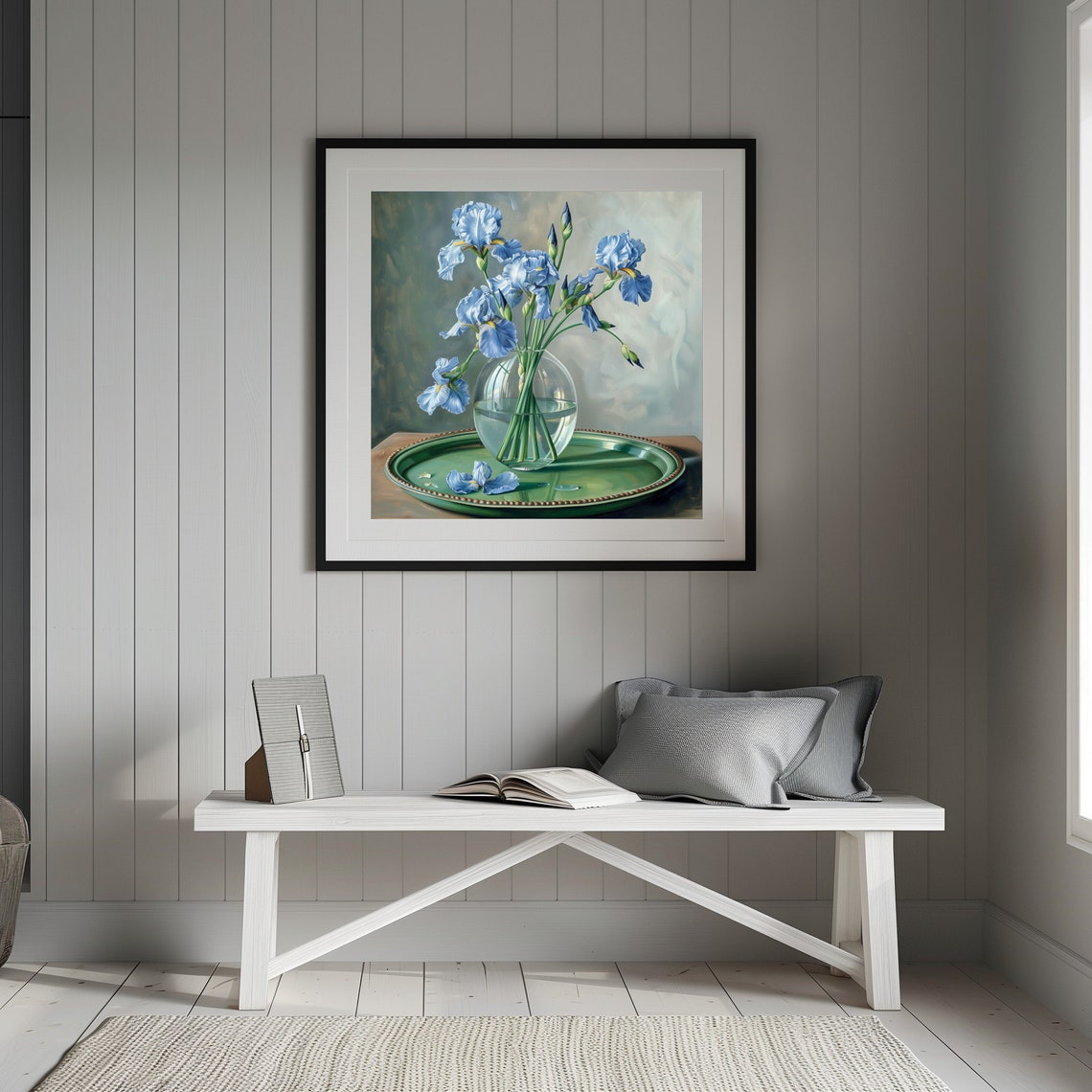 Blue Irises in Clear Glass Vase on Green Tray Still Life Poster - Image 2