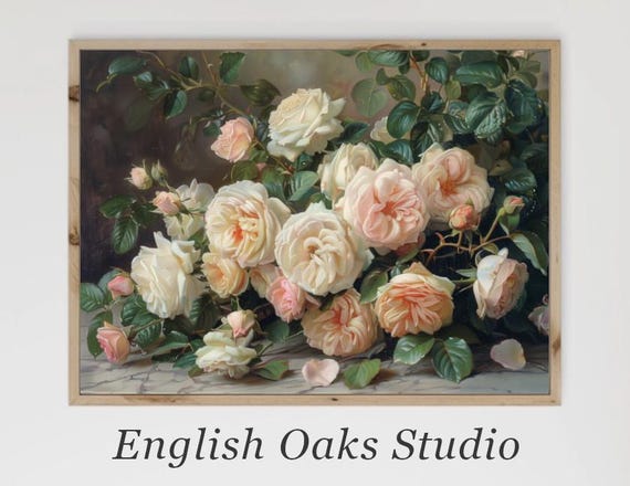 Moody Vintage White And Pink Roses On A White Marble Surface Painting Farmhouse Antique Floral Bouquet Still Life Print