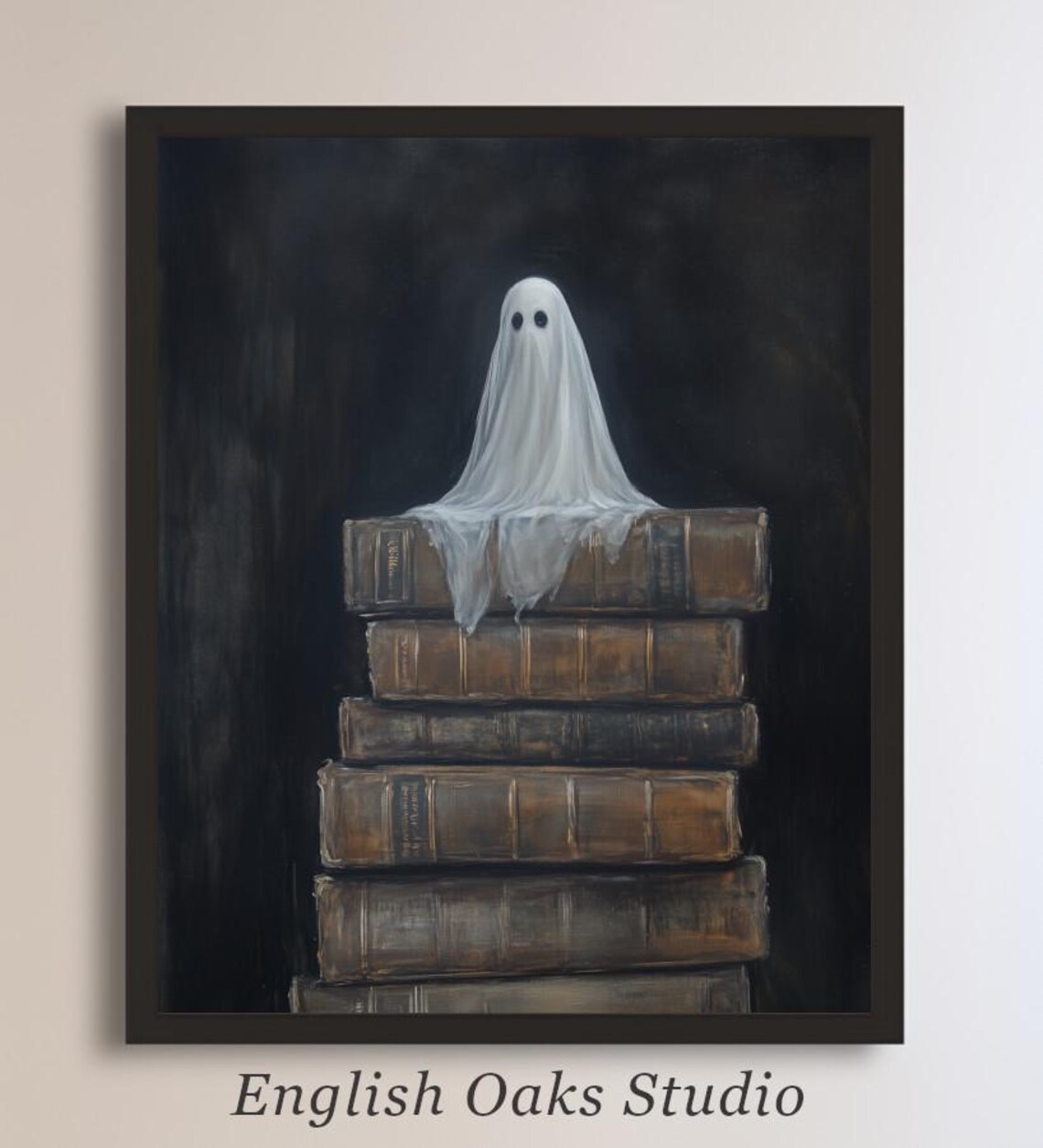 Little Sheet Ghost Sitting on Stack of Old Books Moody Halloween Art Poster