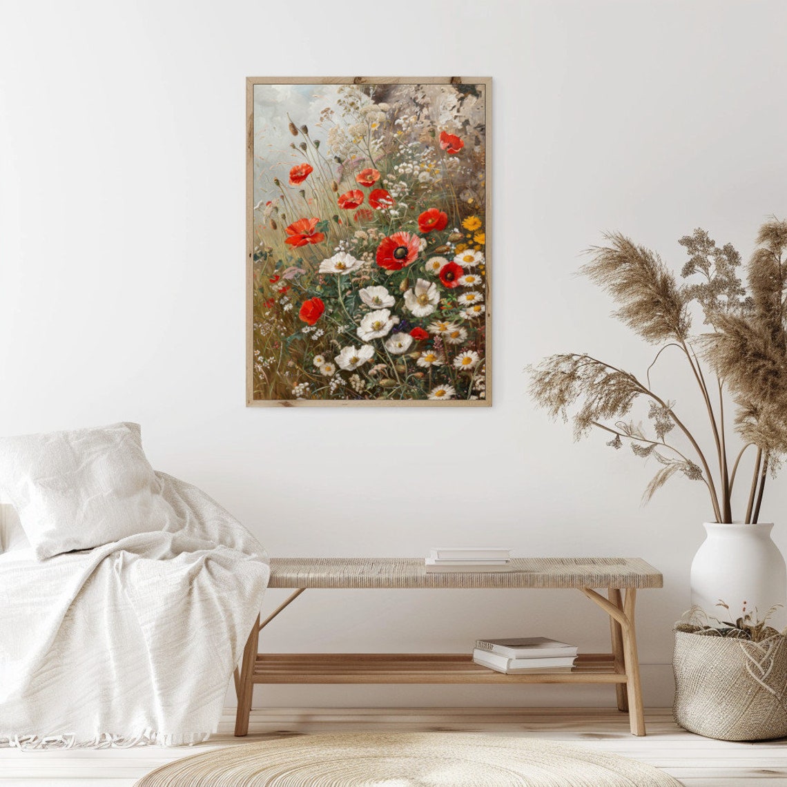 Red Poppies and White Daisies Vintage Botanical Floral Poster - Image 2