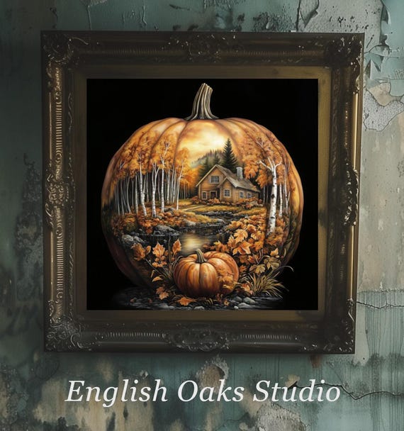 Moody Rustic Autumn Landscape With A Cottage Painted On An Orange Pumpkin Print Fall Harvest Season Landscape Still Life