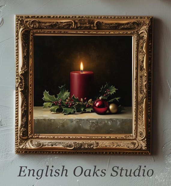 Rustic Christmas Red Candle Holly Leaves And Ornaments Painting Vintage Winter Holidays Print Moody Candle Winter Decor Wall Art