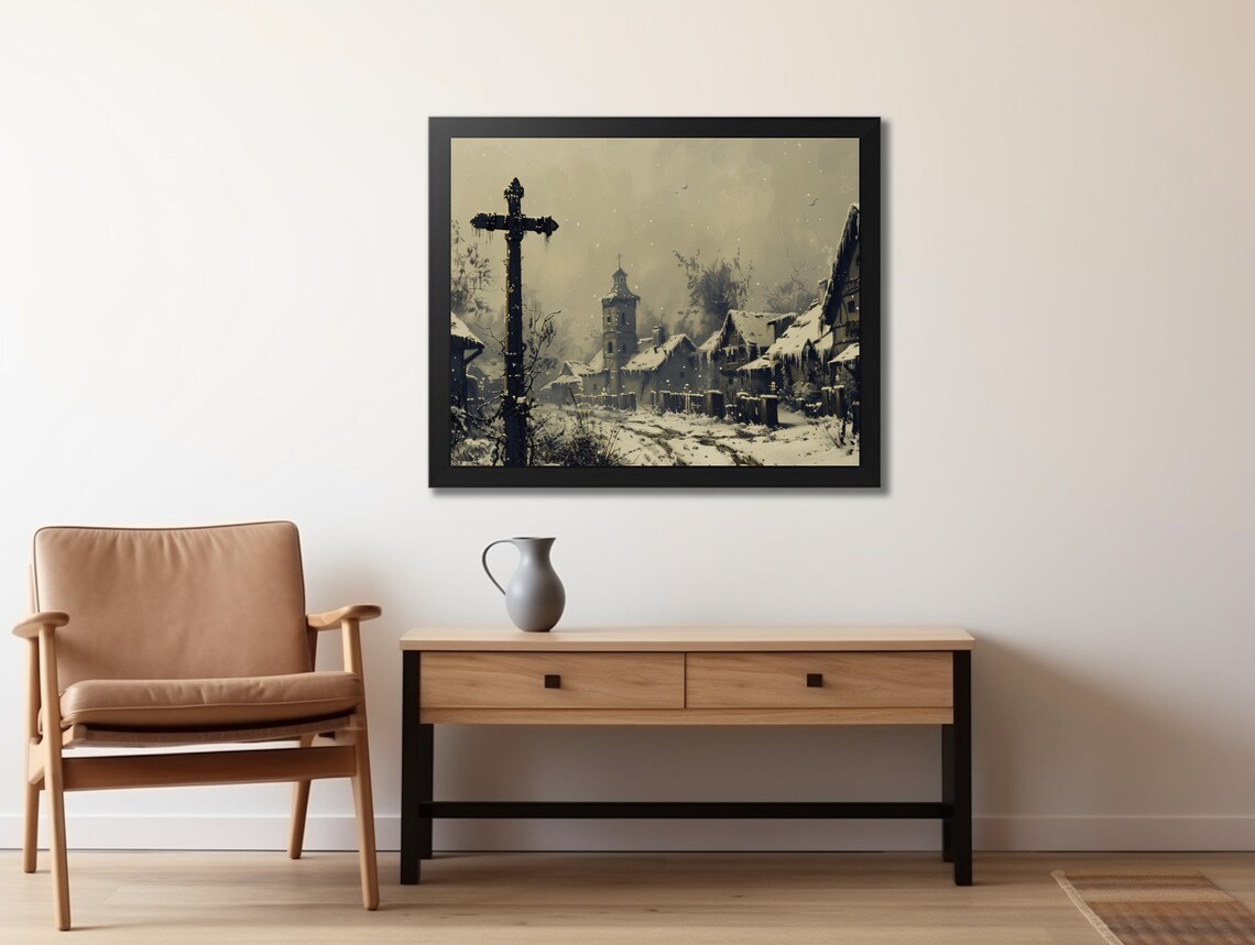 Vintage Sepia Winter Village Painting Snowy Church Scene Poster - Image 2